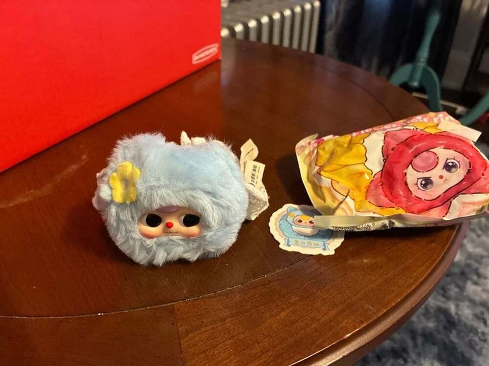 New baby three blue fuzzy hair tie face stuffy scrunchie